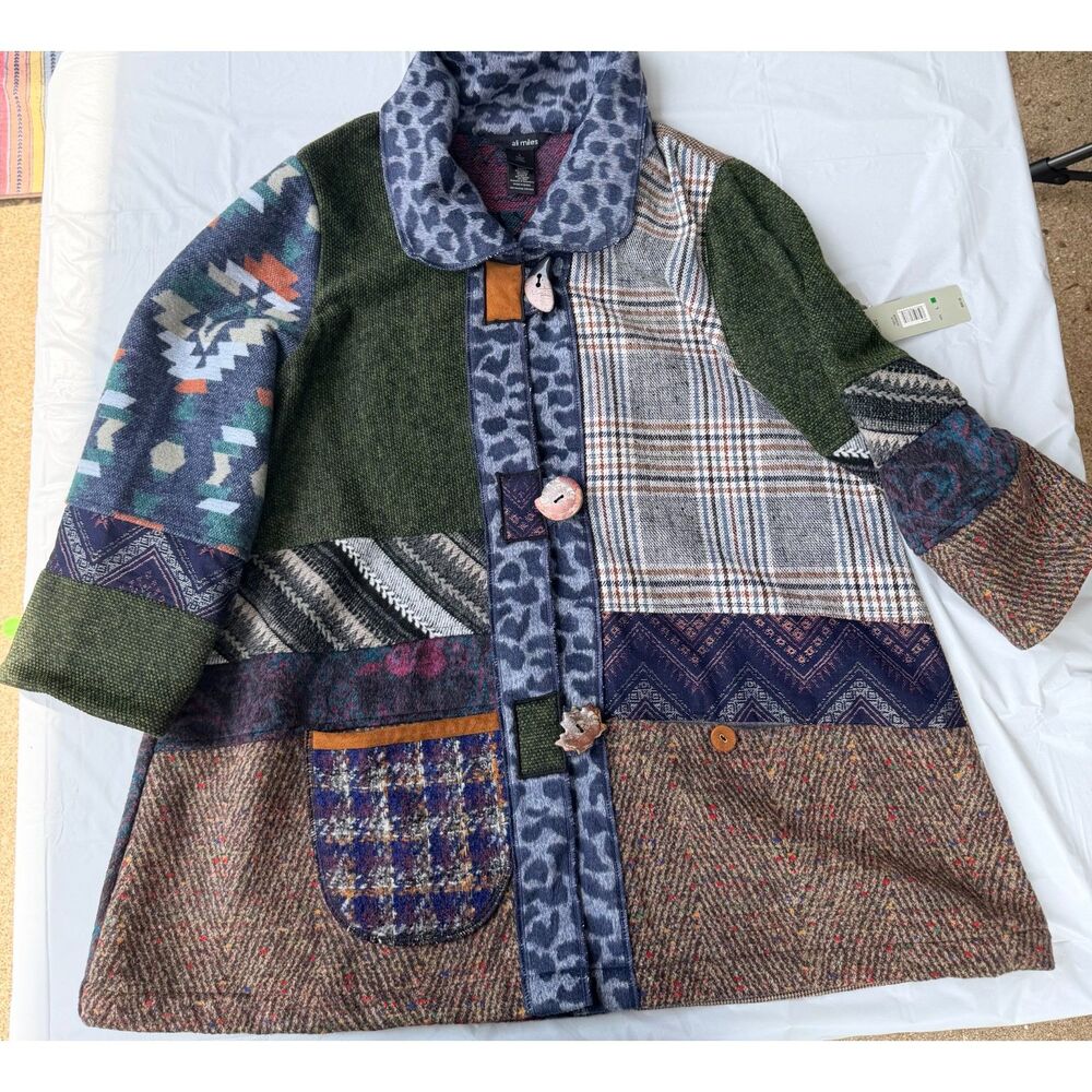 Ali Miles Patchwork Art To Wear Jacket Lagenlook Boho Southwestern L NWT